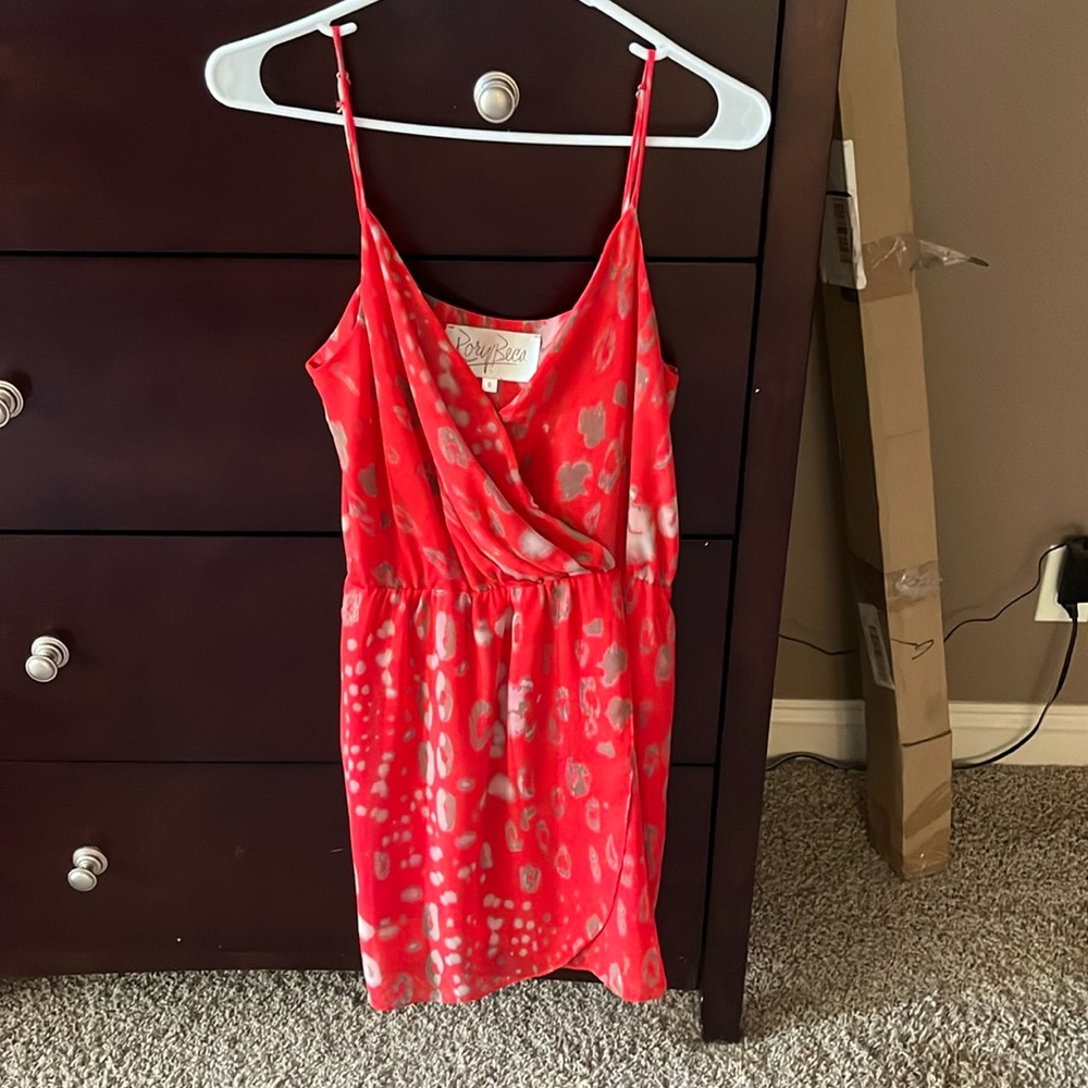 Strappy red and gold dressy summer mini dress